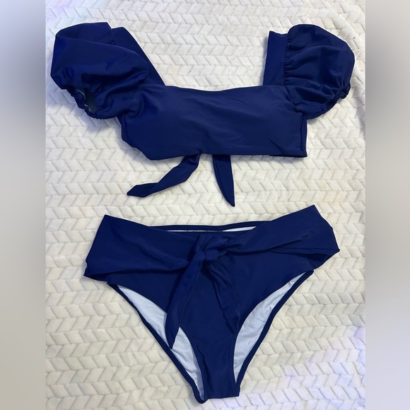 Women High Waisted 2 Piece Swimsuits Puff Sleeve Top with Bikini Bottom Strappy - Picture 8 of 13